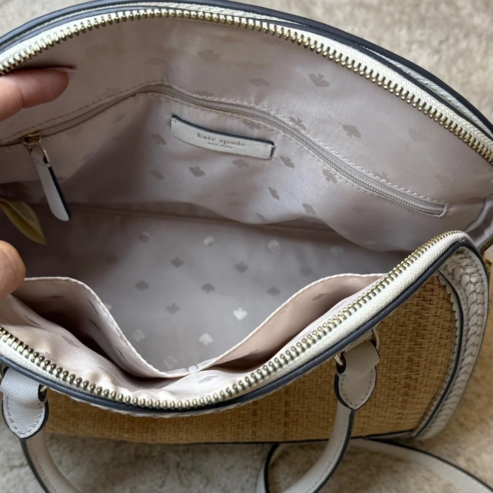 Kate Spade Reiley Straw Dome Satchel Tan and White